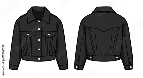 Elegant monochrome sketch of a classic denim jacket displayed in a front and back view  presenting a versatile fashion piece for apparel design