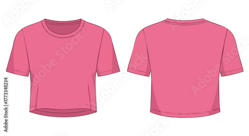 Stylized fashion illustration showcasing a short sleeve pink crop top design front and back view plain background isolated presentation model mockup