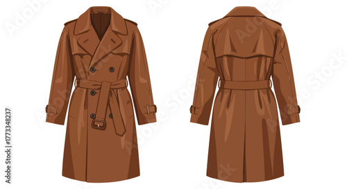 Detailed Front and Back View of a Stylish Double-Breasted Brown Trench Coat Fashion Illustration