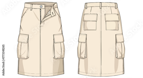 Technical drawing of a beige cargo skirt, showcasing front and back design details for fashion design reference highlighting utilitarian style