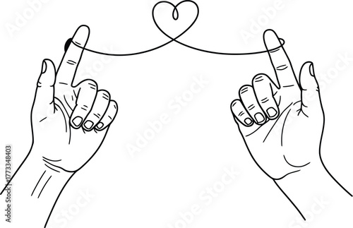 Two hands connected by a thread forming a heart symbol