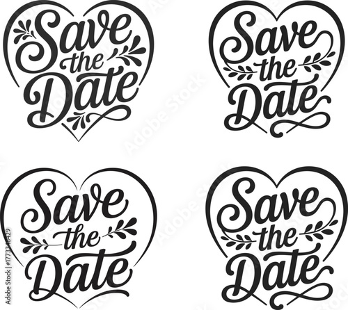 Four heart shaped save the date calligraphy designs with floral accents