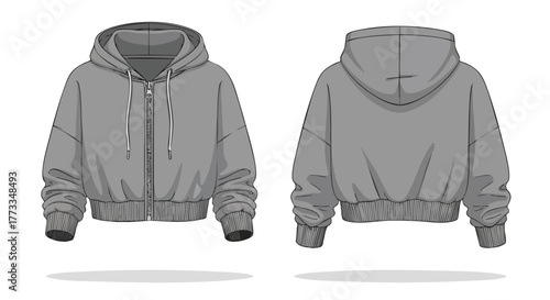 Detailed gray hooded sweatshirt illustration showcasing the front and back design aesthetics displaying the versatile and comfortable outerwear look