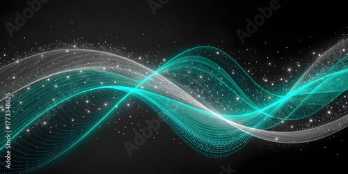 Abstract flowing waves of light and particles on a dark background.