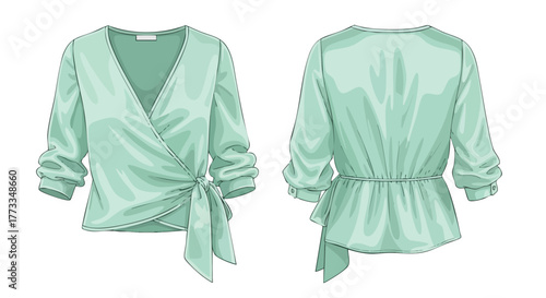 Technical Fashion Illustration of a Women's Wrap Blouse with Gathered Waist Design showcasing both Front and Back View