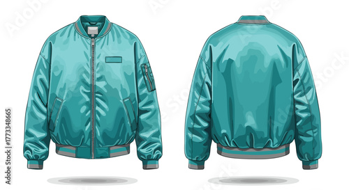 Turquoise Bomber Jacket Illustration Front and Back View with Modern Silhouette and Subtle Detailing for Fashion Design Resources