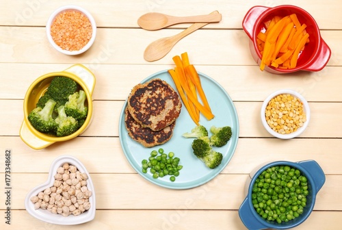 Healthy Vegetarian Meal with Veggie Patties and Fresh Vegetables