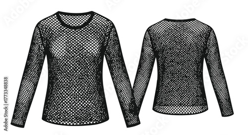 Black fishnet top showcasing front and back designs, perfect for edgy fashion concepts and artistic representations for apparel stores