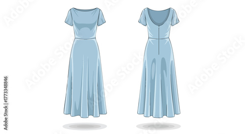 Elegant Light Blue Dress: Front and Back View for Fashion Design and Illustration projects
