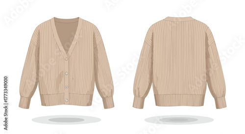 Beige knitted cardigan showcased in front and back views on a white background displaying design