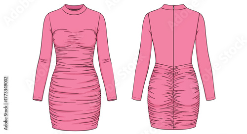 Technical fashion drawing showcasing a pink long-sleeved dress with a mock neck and ruched detailing presented with front and back views