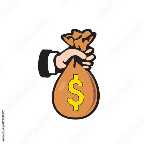 Businessman holding cash bag giving payment money and banknote dollarsvector illustration of a hand

