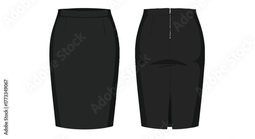 Sophisticated graphite pencil skirt illustration showcasing both the front and back design elements in a minimalist aesthetic design