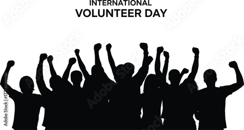 Silhouettes of people raising hands celebrating International Volunteer Day