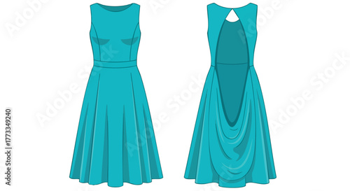 Illustration of a teal flowing dress with open back design on a white background showcase