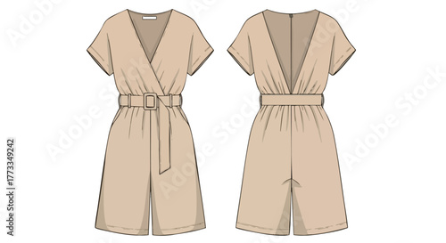 Elegant wrap playsuit sketch, showcasing front and back views with belt and v-neck design details for fashion illustration