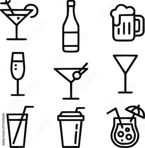 Beverage Outline Icon Set  Cocktails, Wine, and Beer in Minimal Line Art Style