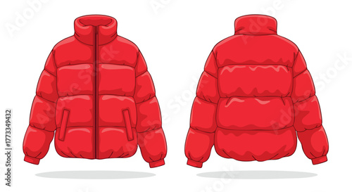 Vibrant Red Puffer Jacket Display: Front and Back Views for Winter Fashion Illustration
