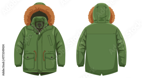Front and Back View of a Green Winter Parka Coat with Faux Fur Trimmed Hood Illustration