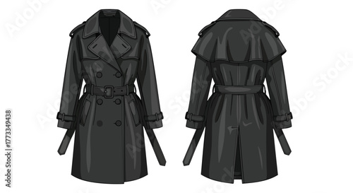 Elegant black trench coat design showcased from the front and back perspectives for fashion visualization