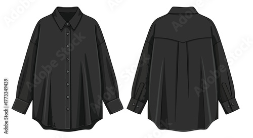 Sophisticated Black Long-Sleeve Shirt Design Exhibiting Front and Back View in High Detail Showing Precise tailoring and Aesthetic Appeal