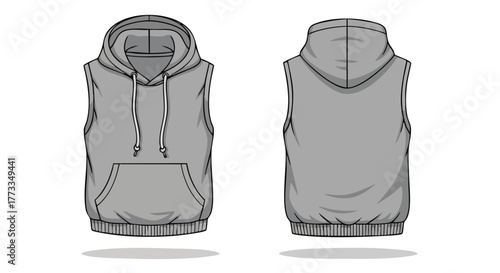 Sleeveless Hoodie Technical Illustration: Front and Back Views of Casual Grey Apparel for Design Mockups and Garment Production