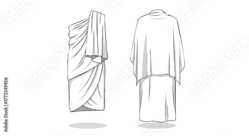 Fashion sketch illustration of an ancient-inspired draped gown showing front and back views, designed for apparel design and historical fashion