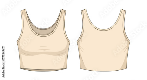Fashionable athleisure crop top sketch: Seamless design, front and back views for apparel design inspiration, promoting fitness and style 150
