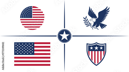 Flag USA set isolated icon. America holidays. 4 july banner in flat style. Veteran day and Memorial day vector illustration