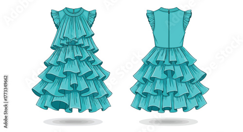 Whimsical turquoise dress illustration showcasing playful ruffles in the front and back design view highlighting its cascading silhouette