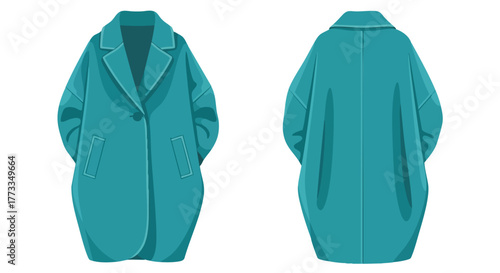 Fashionable teal overcoat illustration presenting front and back views for design assets and marketing resources