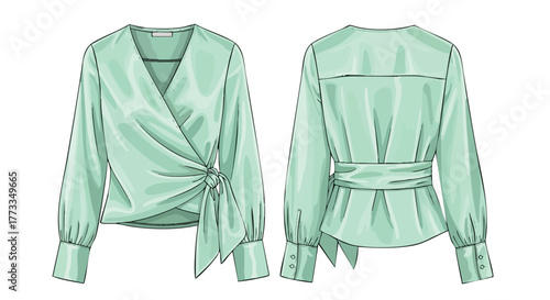 Elegant Wrap Blouse Illustration Featuring Soft Mint Green Fabric and Flattering Silhouette, Design and Clothing Concept