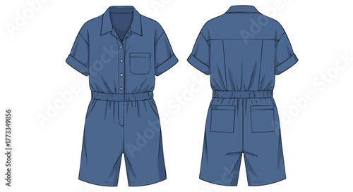 Technical flat sketch of a denim blue short sleeve romper with front button closure design showing front and back view