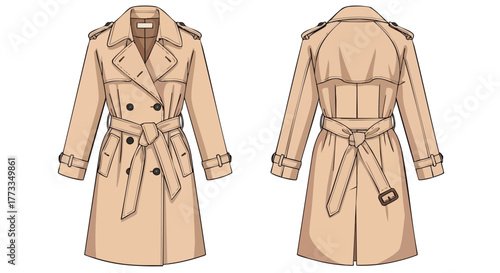 Illustration of a Stylish Classic Beige Trench Coat, Showcasing its Design Features from Both the Front and Back Views for Fashion Design or Product