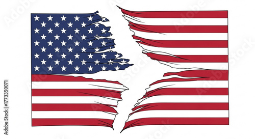 Illustration of a tattered american flag with visible rips and tears on a white background design art created with generated ai