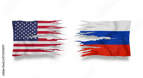 Torn united states and russian flags depicting political tension and international relations conflict image created with generated ai