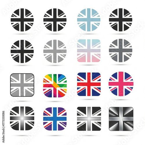 Collection of union jack flag icons in various styles and color schemes arranged in a grid pattern created with generated ai