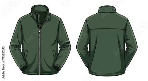 Front and Rear View of an Olive Green Fleece Jacket Illustrated for Garment Design mockups