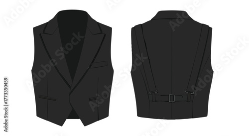 Elegant black waistcoat showcases tailored perfection and sartorial grace, from front facing and rear view isolated on a crisp white background