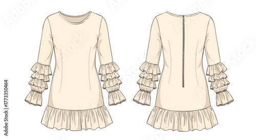 Detailed fashion sketch of a woman's mini dress featuring long sleeves and tiered ruffle accents on a white backdrop