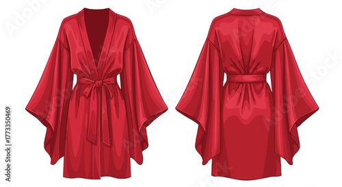 Digital illustration showcasing a vibrant red silk kimono robe with flowing sleeves and a delicate tied sash design on a white background