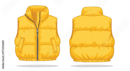 Vibrant Yellow Puffer Vest Illustration, Front and Back View Isolated on a White Background