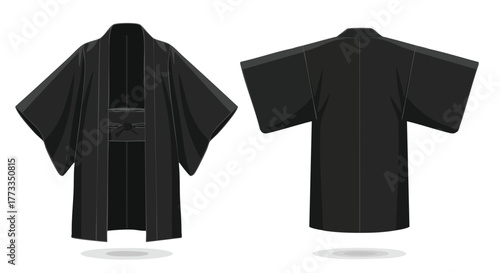 Sleek Black Japanese Kimono: Front and Back View Depicting Style and Traditional Elegance, Classic Fashion Statement