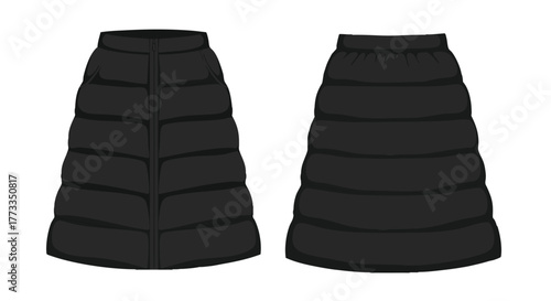Illustration of a dark colored puffer skirt with layered construction ideal for cold weather and minimalist style showcasing front and back design
