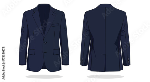 Illustration of a tailored navy blue blazer showcasing both the front and back isolated on a white background