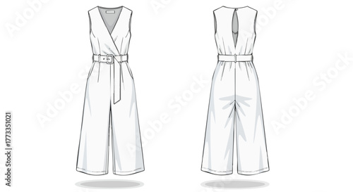 Minimalist jumpsuit design, front and back view, tailored with a modern wide leg and cinched waist for a chic silhouette