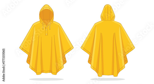 Illustrative Front and Back Views of a Vibrant Yellow Rain Poncho with Hood Protection against Unforeseen Weather Conditions for Outdoor Enthusiasts