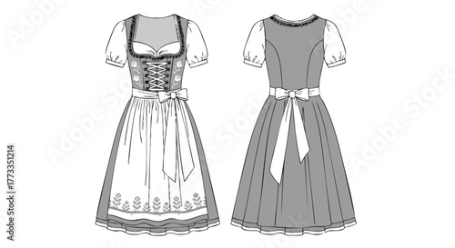 Traditional bavarian dirndl dress sketch, front and back view showcasing its design elements and style detailing a vintage garment representation