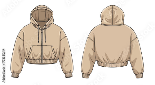 Fashionable cropped hoodie technical sketch depicting front and back, essential sportswear drawing with precise seams and details, suitable for