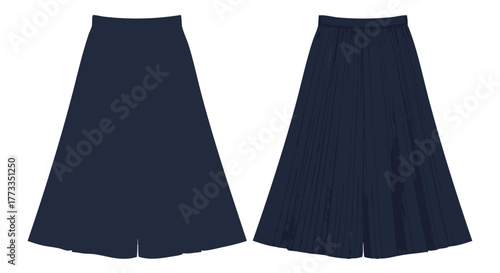 Dark Blue Midi Skirt Variations: Smooth and Pleated Fabric Styles on a White Backdrop for Apparel Design